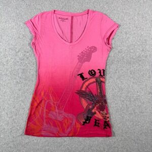 Y2K Raw T-Shirt Womens Pink Ombre Guitar Graphic Peace Wings Modal Tee S